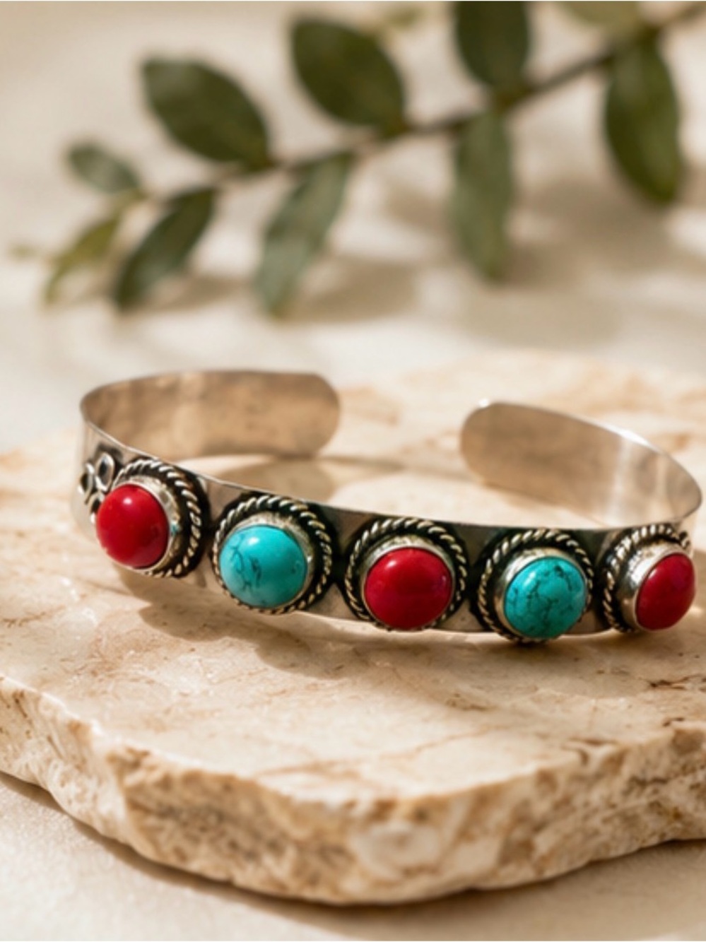 Silver Cuff Bracelet with Turquoise and Red Stone Accents - Picture 5 of 8